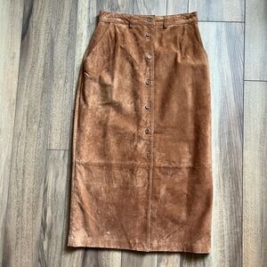 Classic Brown Suede Button-Front Midi Skirt